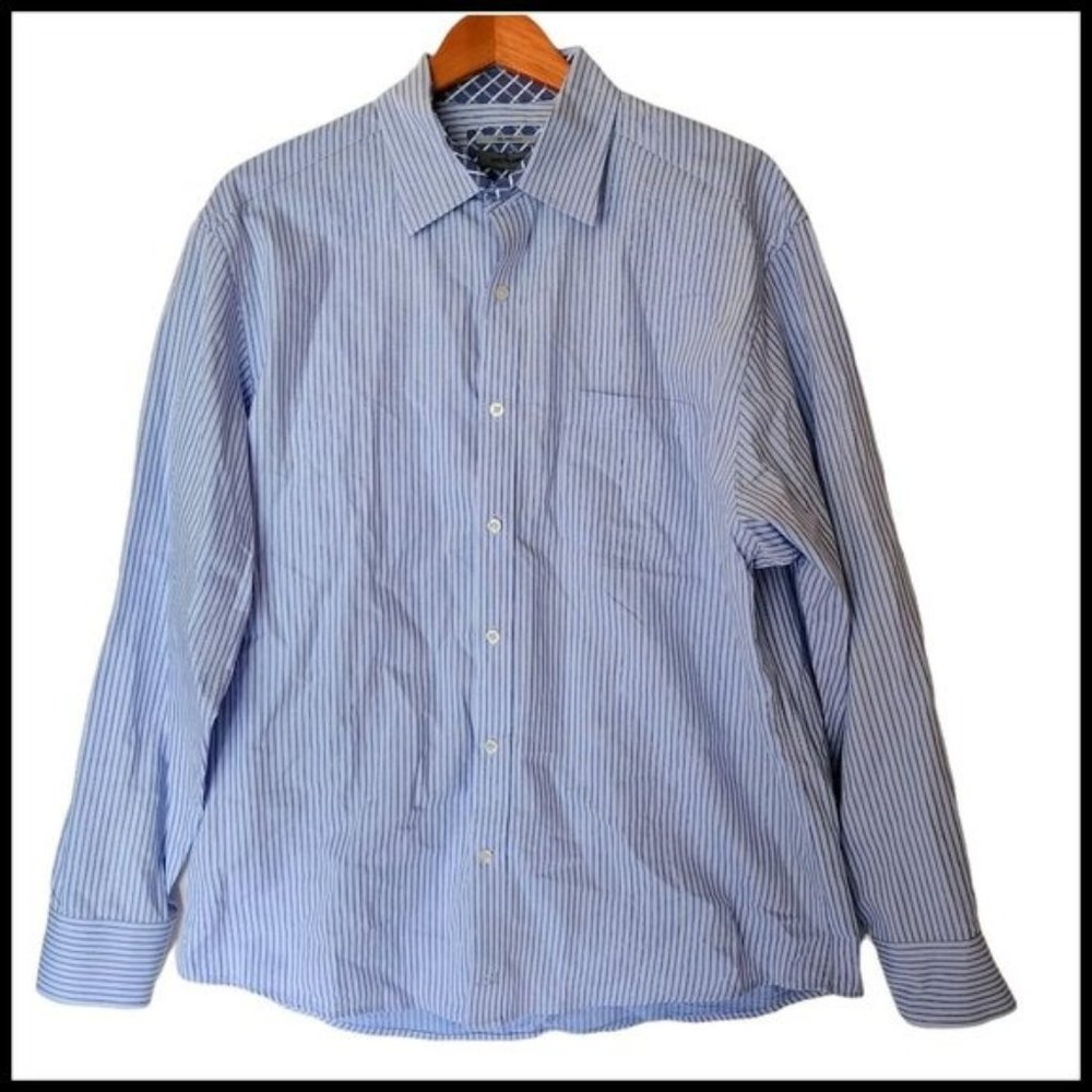 Johnston & Murphy Tailored Fit Blue Striped‎ Flip Cuff Long Sleeve Mens L Large